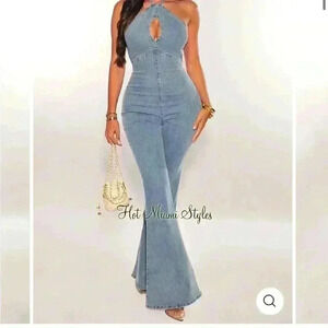 DENIM HALTER KEYHOLE BELL BOTTOM JUMPSUIT